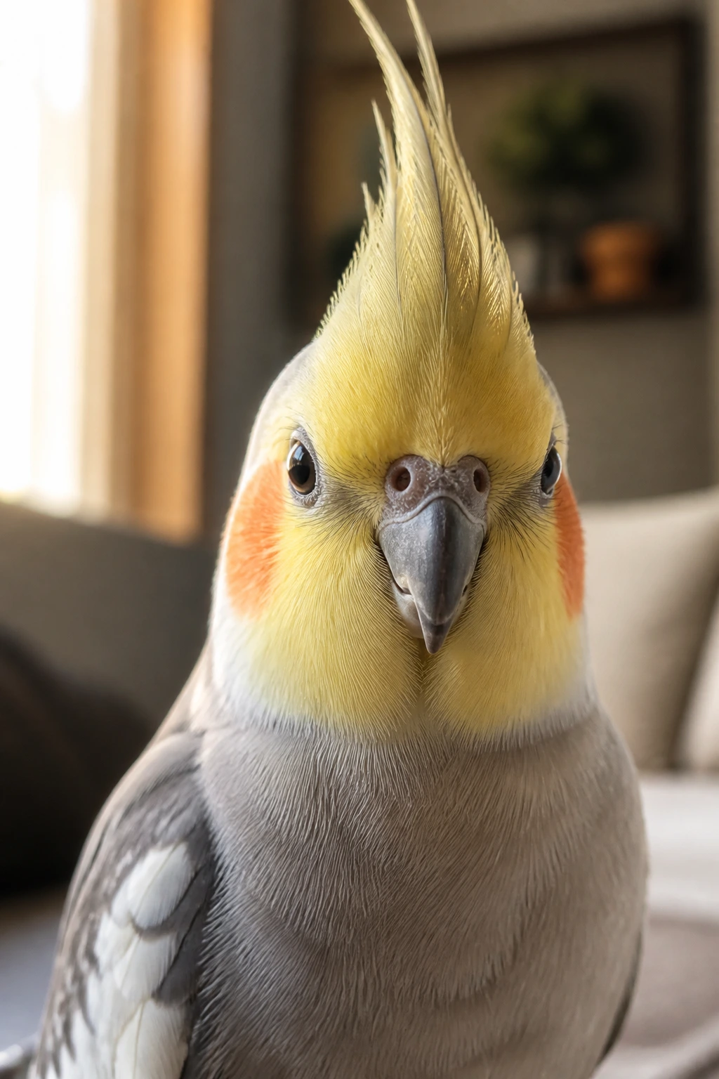 Close-up cockatiel portrait in warm light