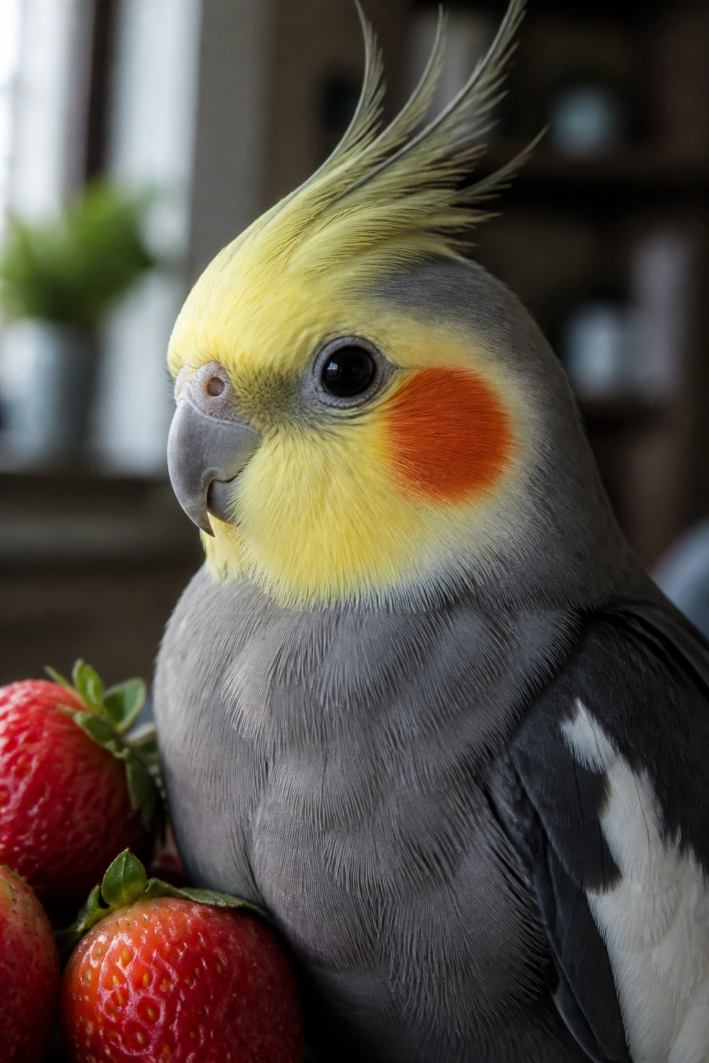 Close-up cockatiel portrait with yellow face and orange cheeks filling the frame