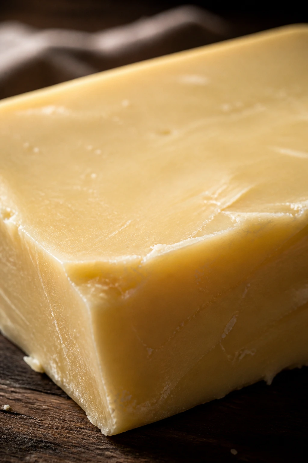 What Is The Shelf Life Of Cocoa Butter? 1 Close-up of cocoa butter slab on wooden counter with warm kitchen light