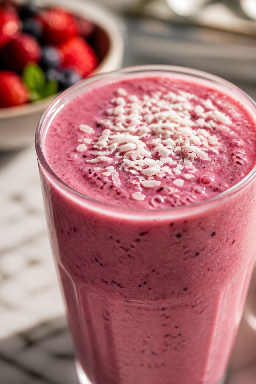 Creamy Coconut Berry Blast smoothie in a glass with coconut topping.