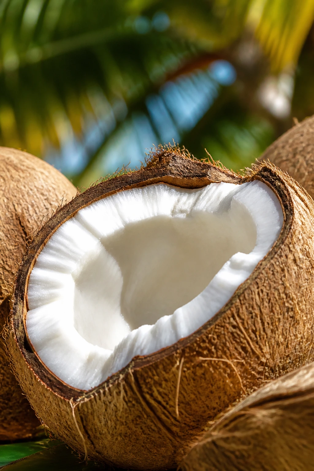 Cracked-open coconut showing white flesh in a sunny tropical setting