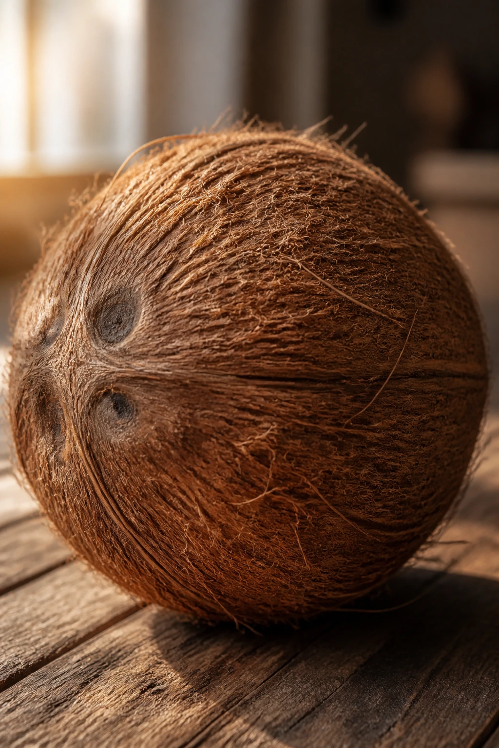 Close-up of a brown coconut with textured husk on a rustic wooden table