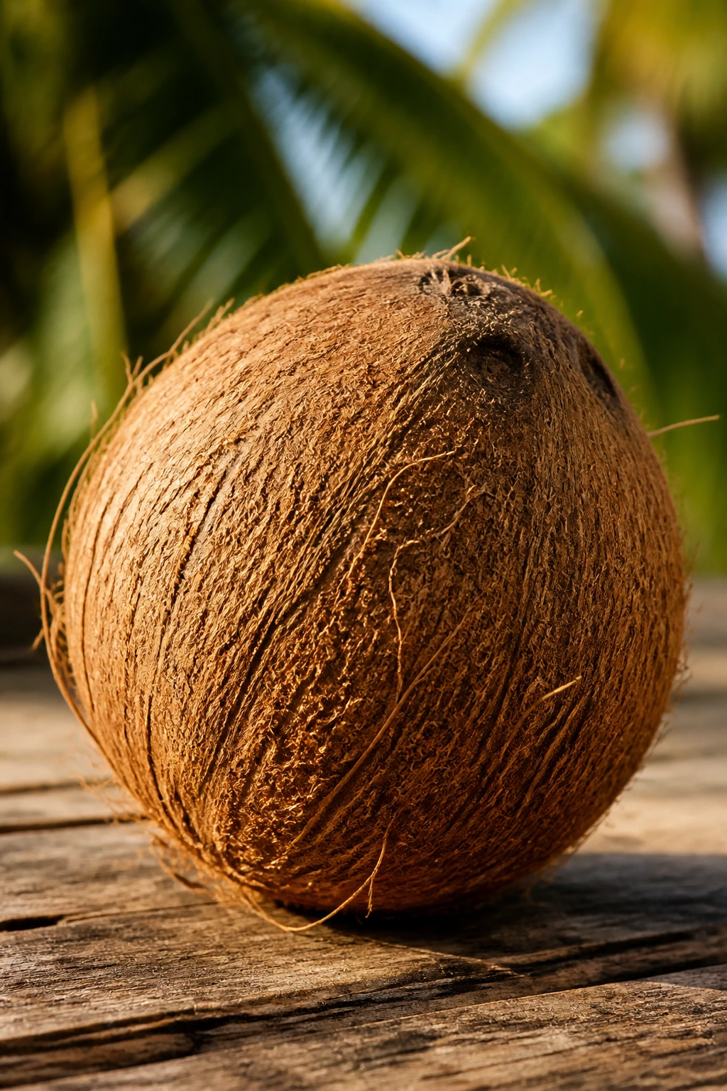 Is A Coconut A Fruit, Nut, Or Seed? 1 Close-up of a single brown coconut with rough husk in a sunlit tropical setting
