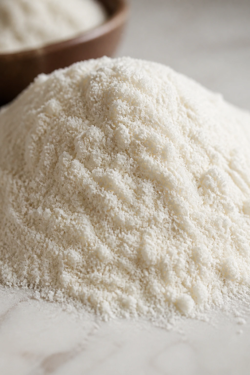 Close-up of coconut flour mound on light countertop