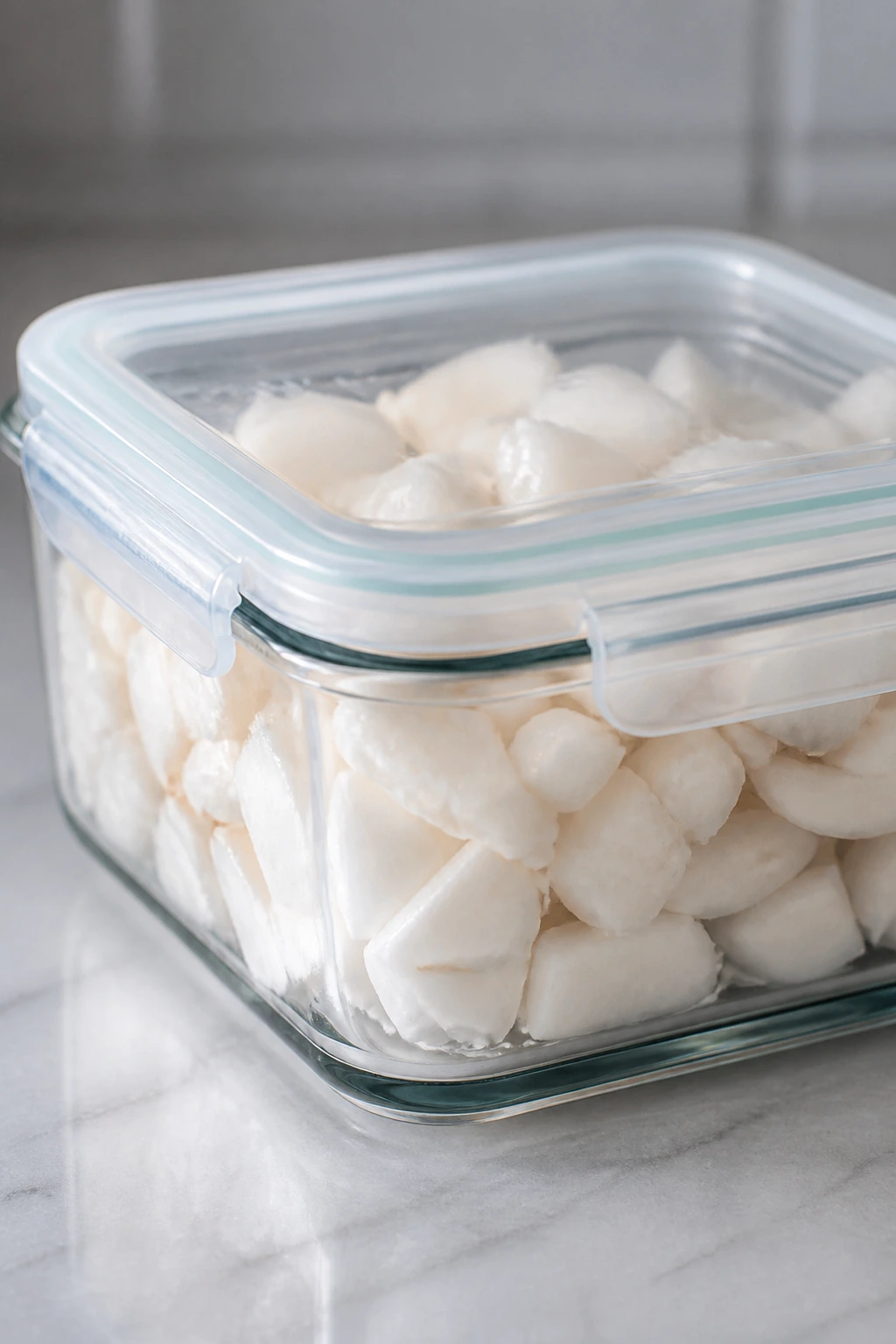 Glass container with chopped coconut meat on a kitchen counter