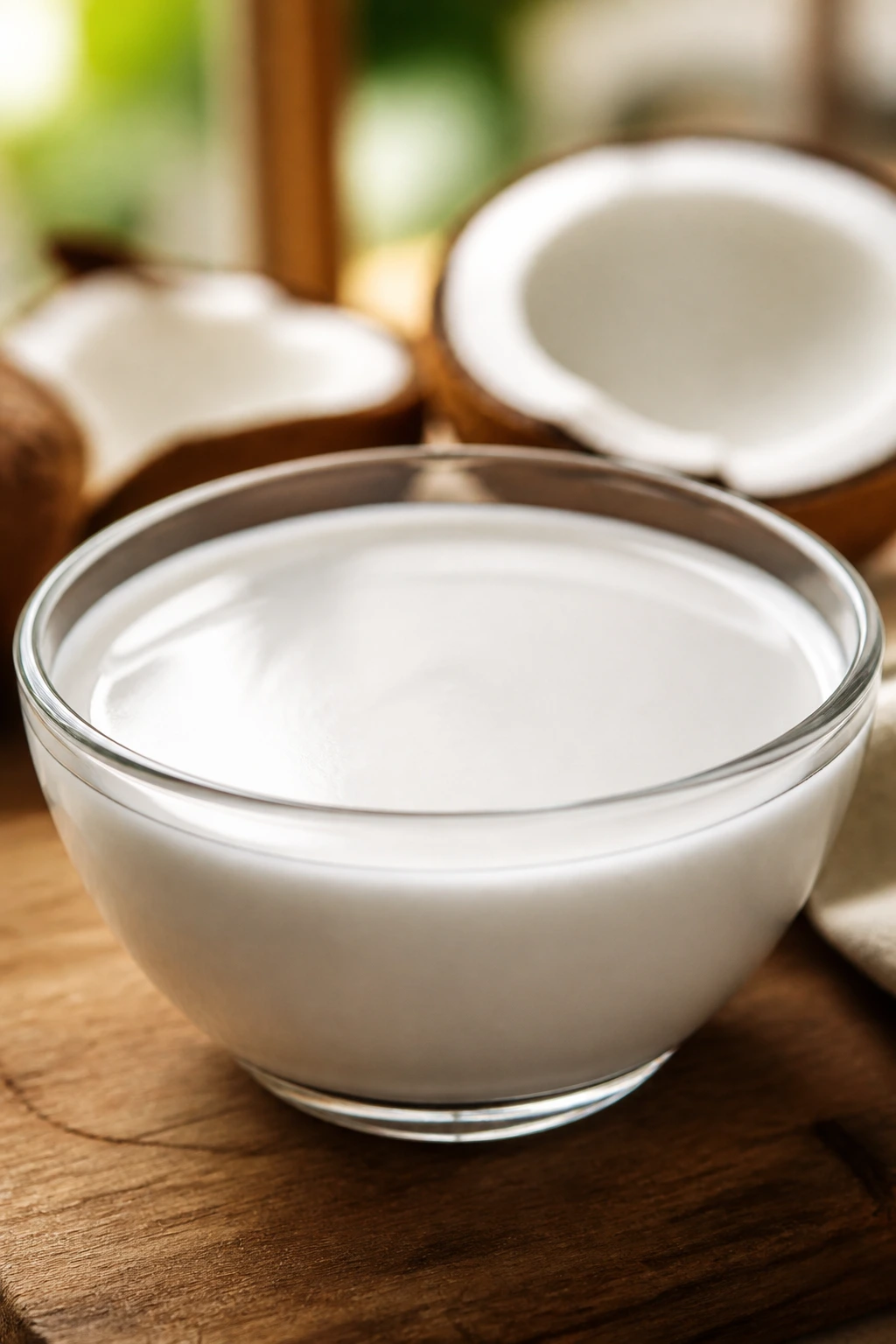 Close-up of creamy coconut milk in a glass bowl on a warm kitchen counter