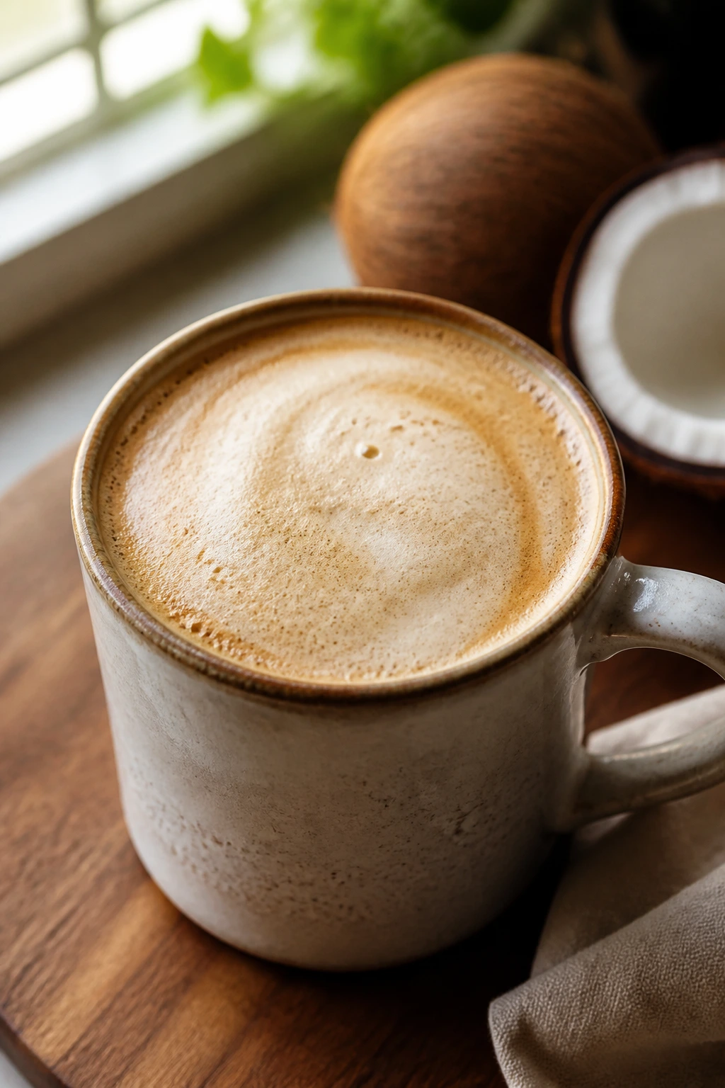 Close-up of coffee with coconut-milk crema showing creamy, nutty tropical notes.