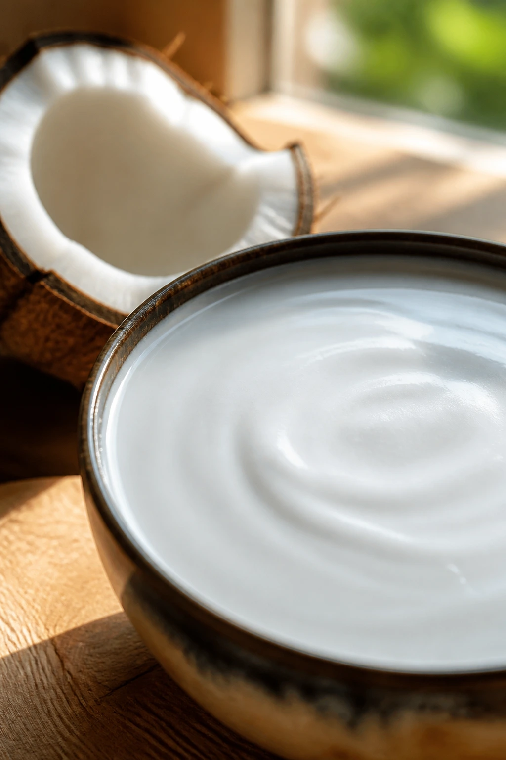 How to Choose a Good Coconut Milk Like a Pro 1 Close-up of creamy coconut milk in a bowl with a cracked coconut in warm kitchen light