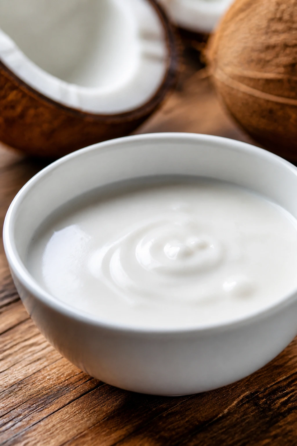 Close-up of creamy coconut milk in a small bowl showing smooth texture