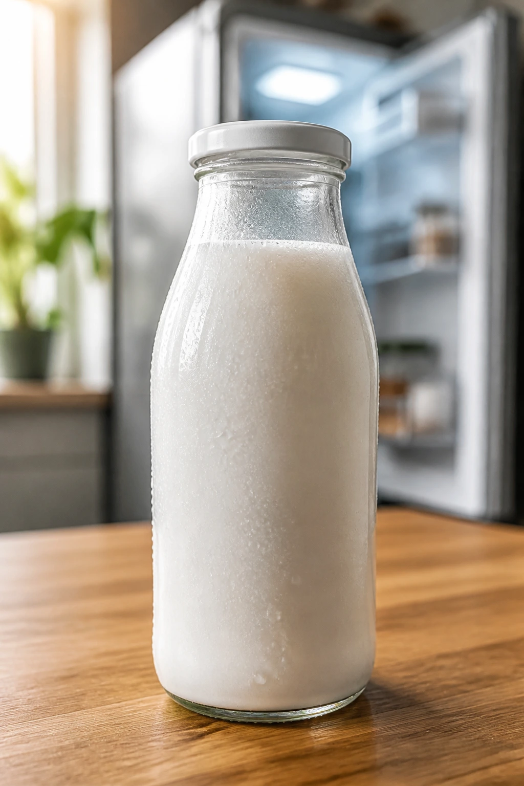Keeping it Fresh: How to Store Fresh Coconut Milk Properly 1 Close-up of a glass bottle of fresh coconut milk on a kitchen counter with fridge in the background