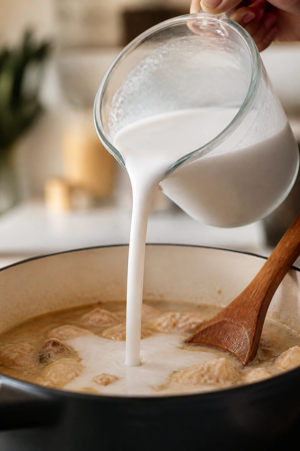 Pouring coconut milk from a measuring cup into a pot in a kitchen