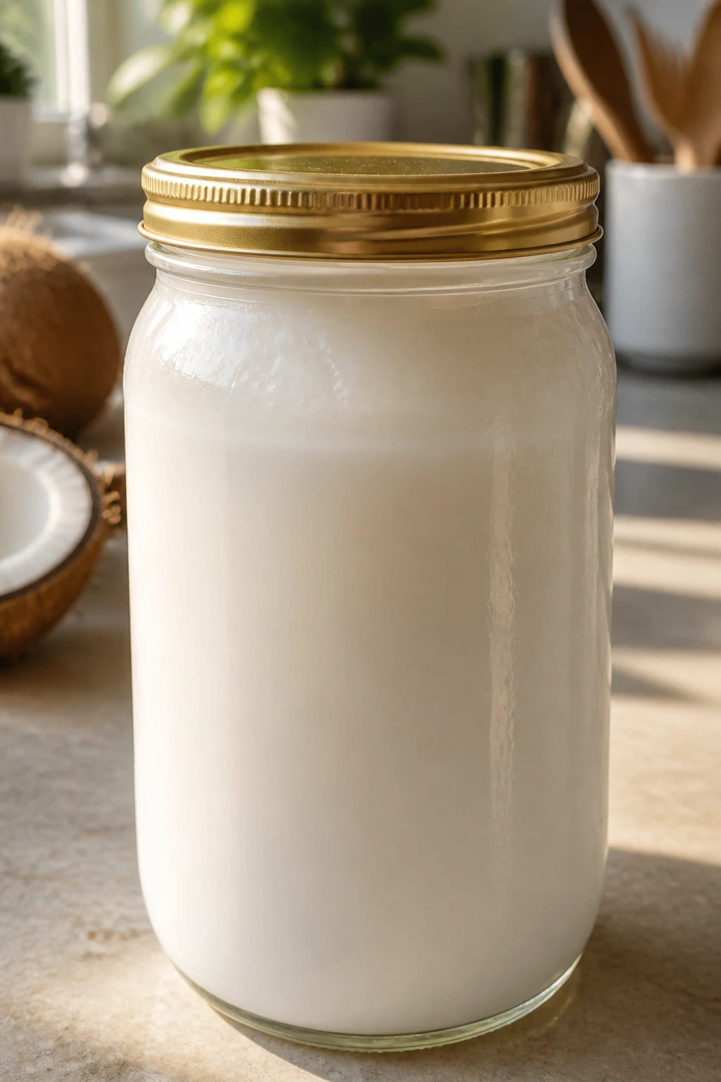 Keeping it Fresh: How to Store Fresh Coconut Milk Properly 2 Sunlit close-up of coconut milk jar on a kitchen counter