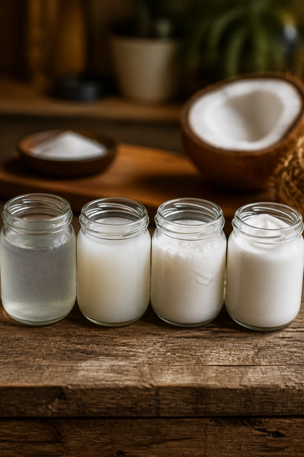 How to Choose a Good Coconut Milk Like a Pro 2 Four unlabelled jars showing different coconut milk consistencies on a wooden counter