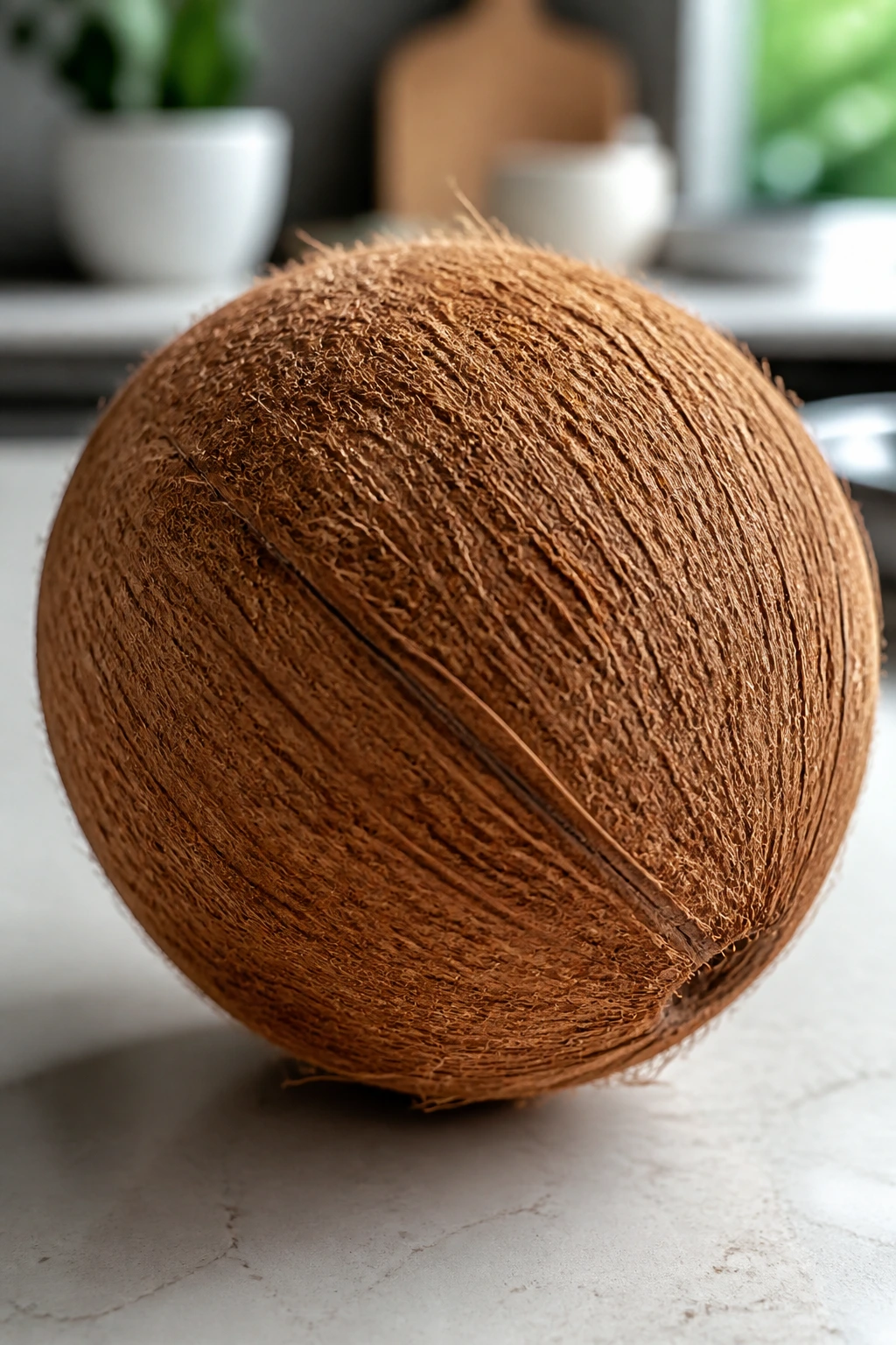 Close-up of a coconut on a kitchen counter