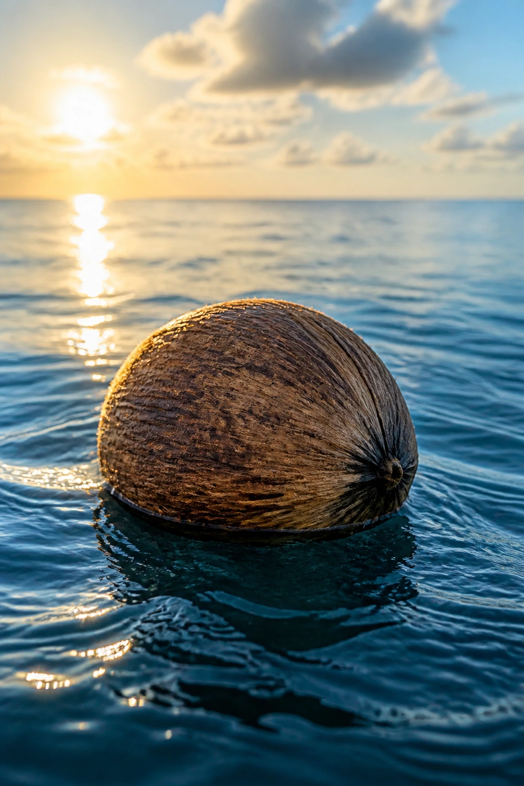 The Dispersal Of Fruits Seeds EXPLAINED! 2 Coconut floating on calm blue ocean water illustrating seed dispersal by water.