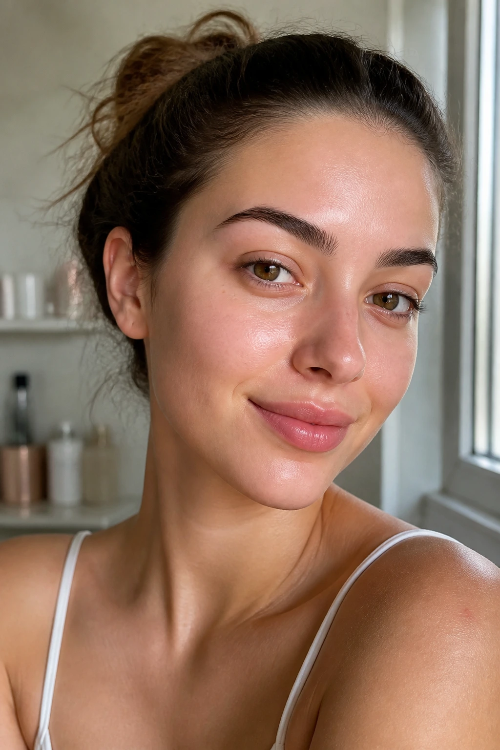 Close-up of glowing hydrated skin suggesting positive coconut oil effects on acne