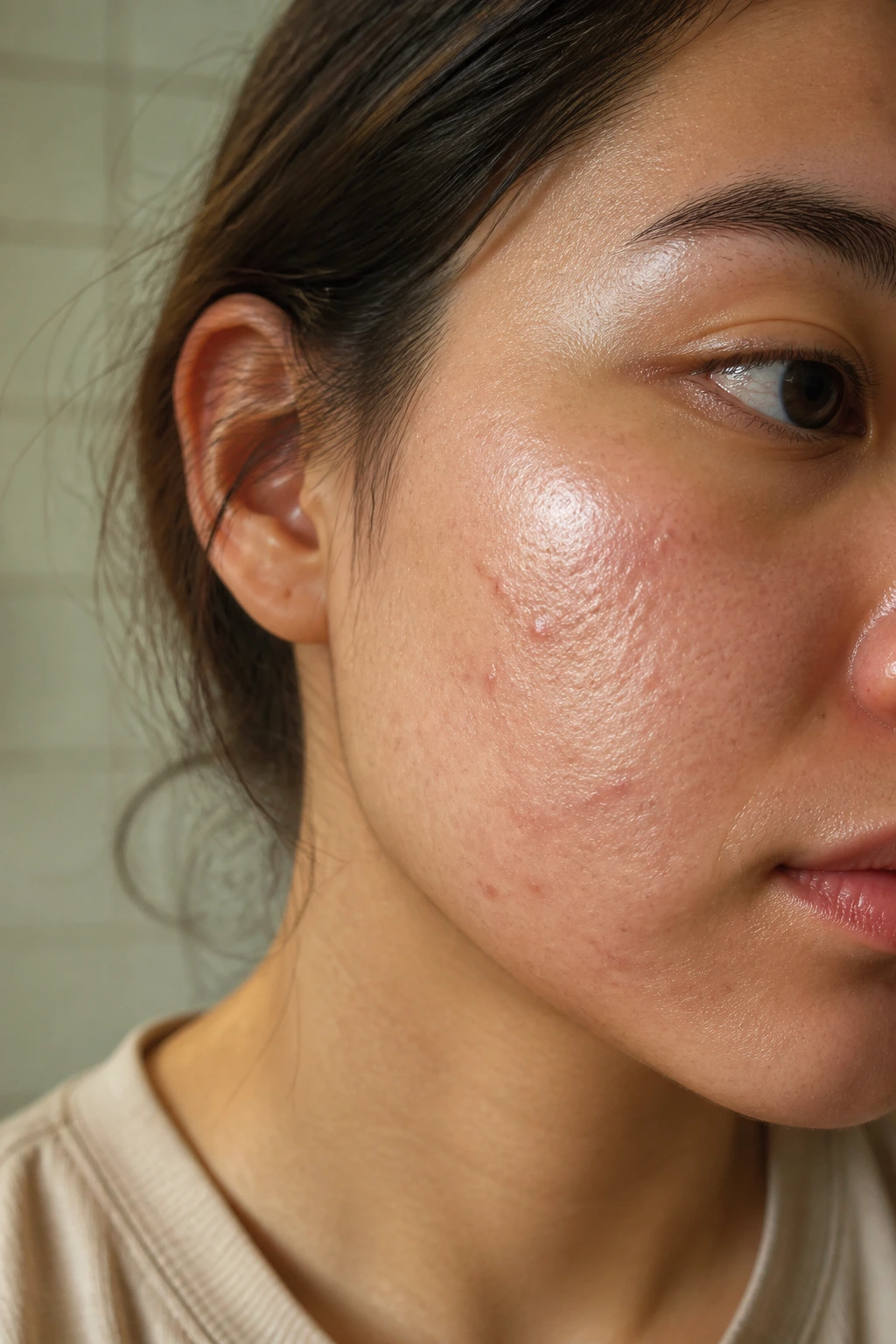 Close-up of oily, acne-prone facial skin highlighting potential coconut oil effects
