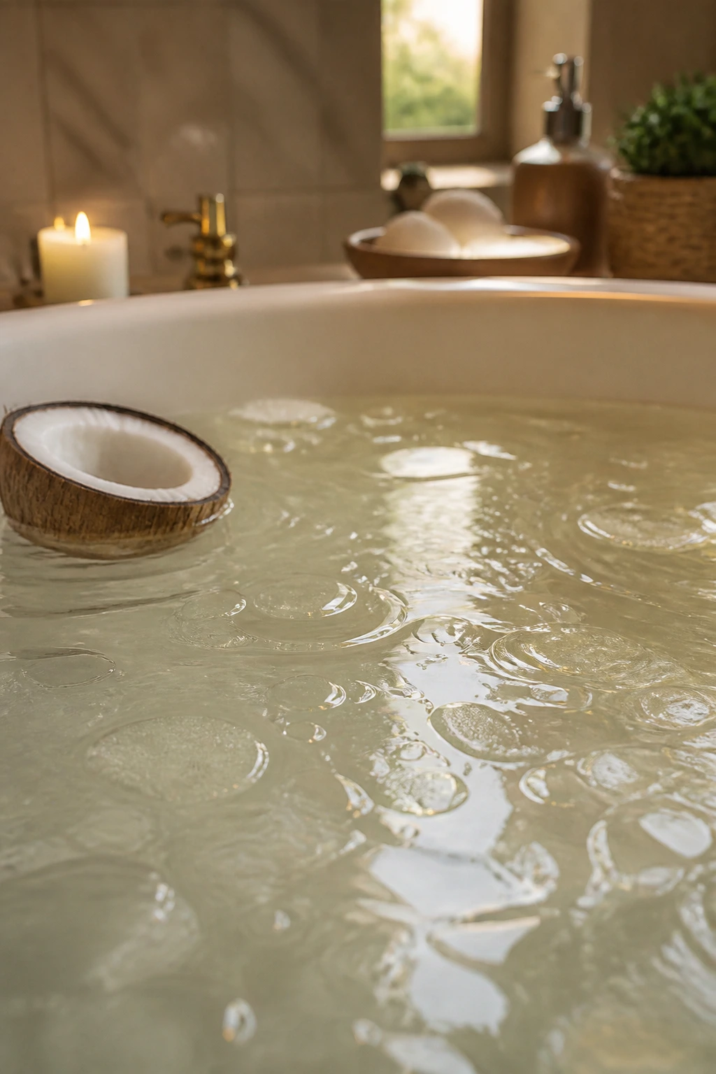 Close-up of coconut oil sheen on bath water in a real bathroom