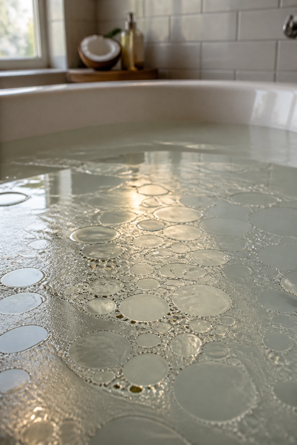 Close-up of bathwater with a coconut oil sheen in a warm bathroom