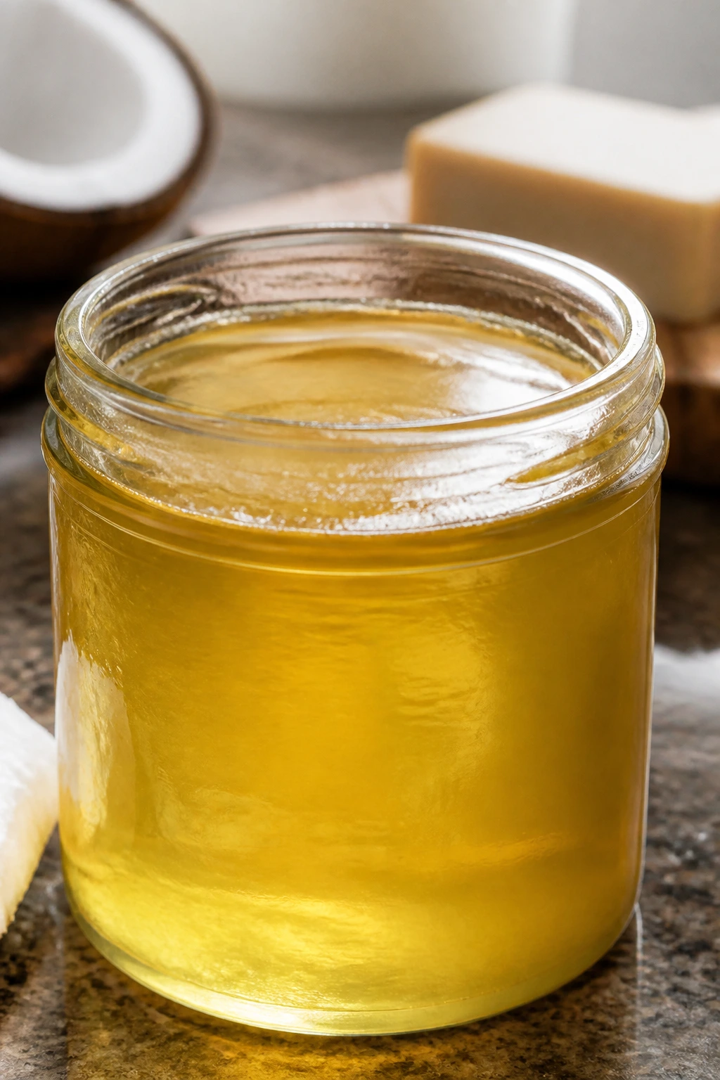 Close-up of a jar of coconut oil filling the frame on a kitchen counter, golden oil
