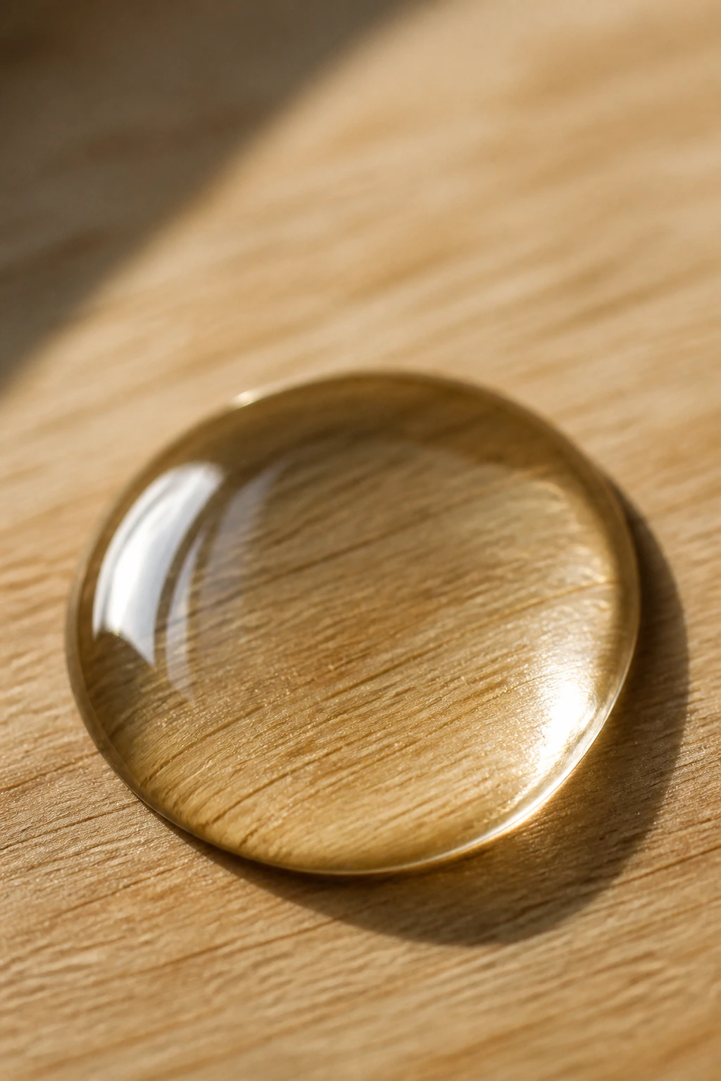 Macro close-up of a coconut oil drop on a wooden surface