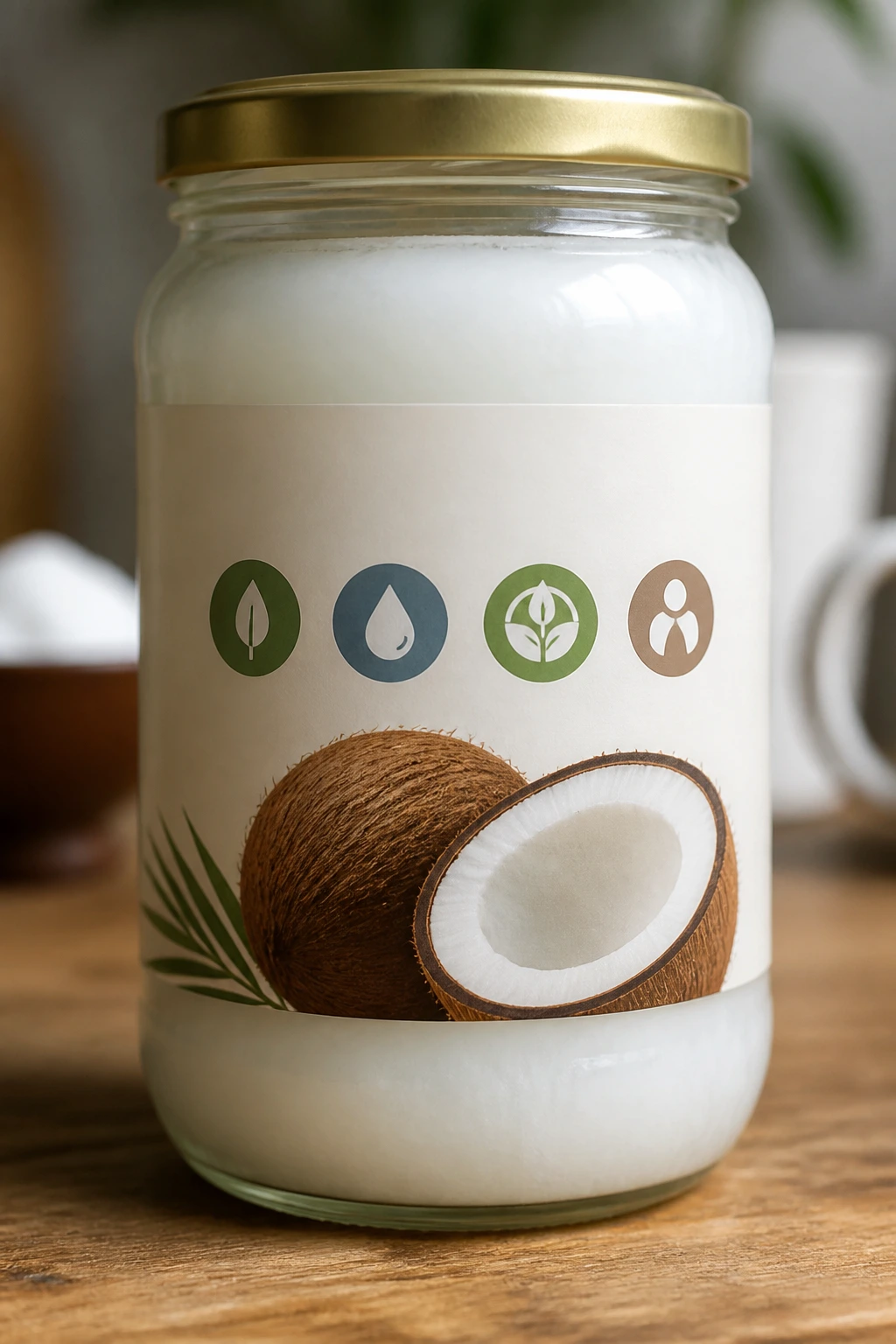 The Golden Pick: How To Choose A Good Coconut Oil Like A Pro 3 Coconut oil bottle with abstract icon label illustrating labeling concepts