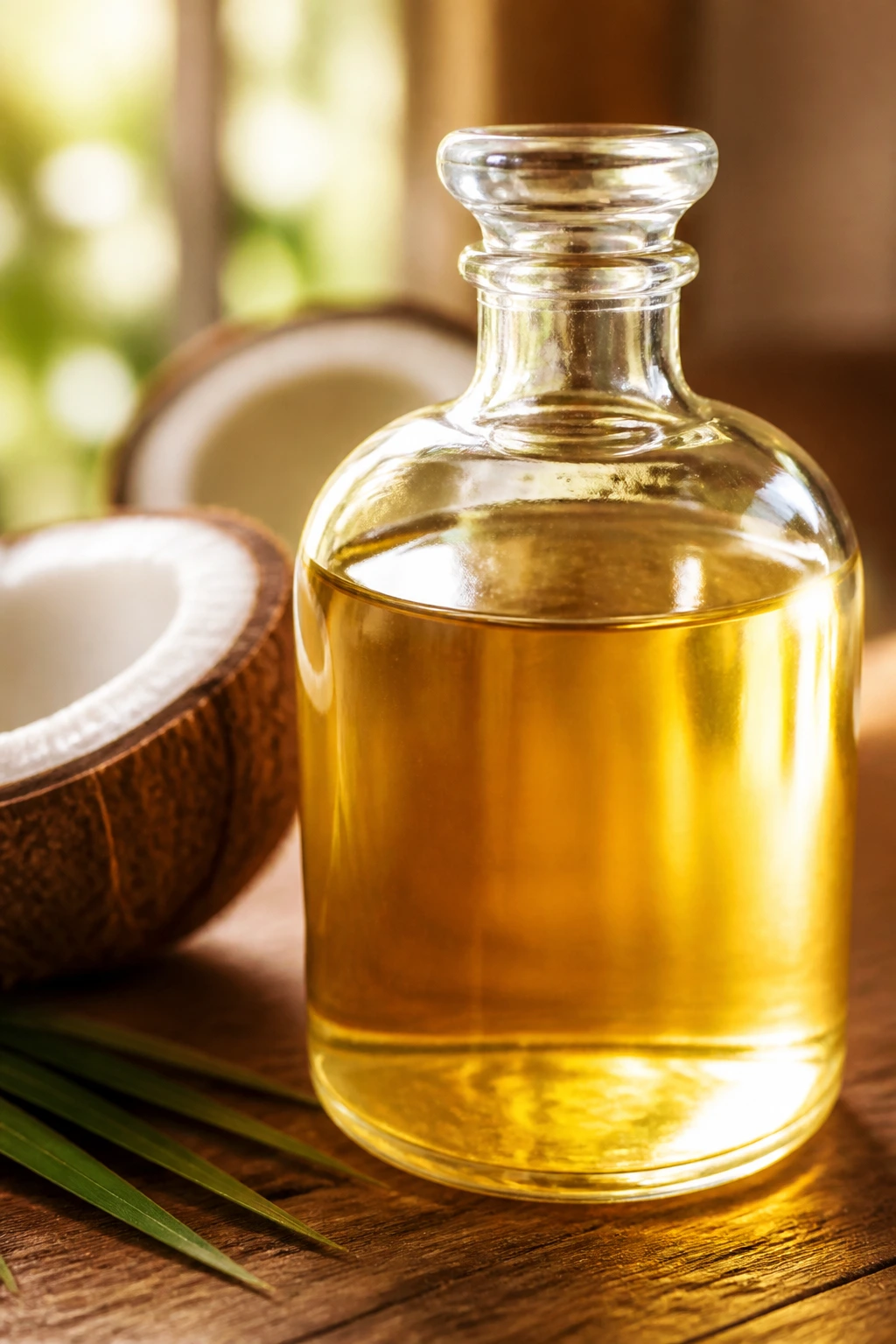 Close-up of a label-free glass bottle of coconut oil on a wooden surface with warm light.