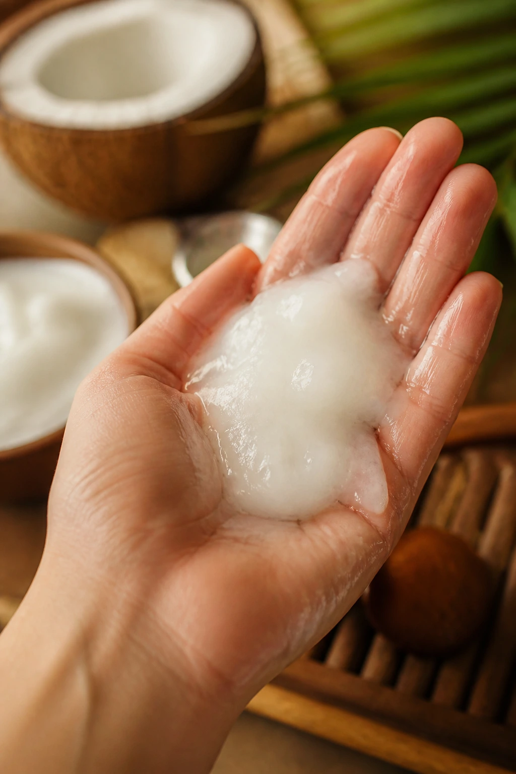 Macro coconut oil on palm with spa-like background
