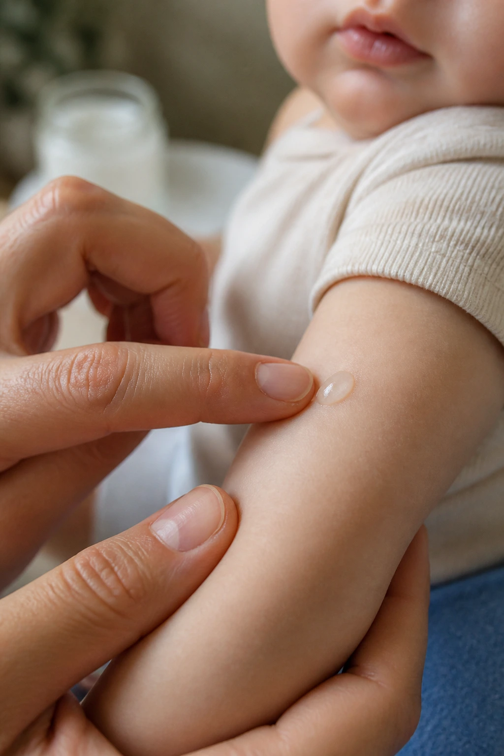 The Ultimate Guide to Using Coconut Oil for Baby Acne 4 Patch test on baby's forearm with coconut oil in home setting