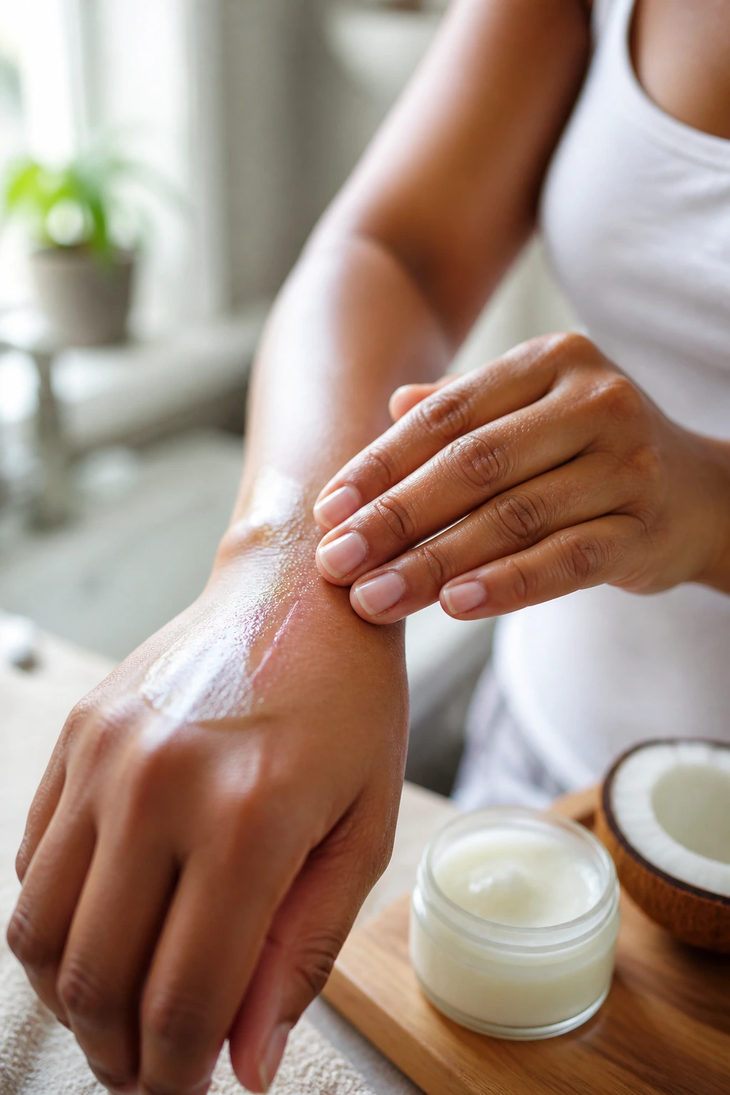 Is Coconut Oil Good for Removing Scars on the Body? 2 Hands applying coconut oil to scar on forearm