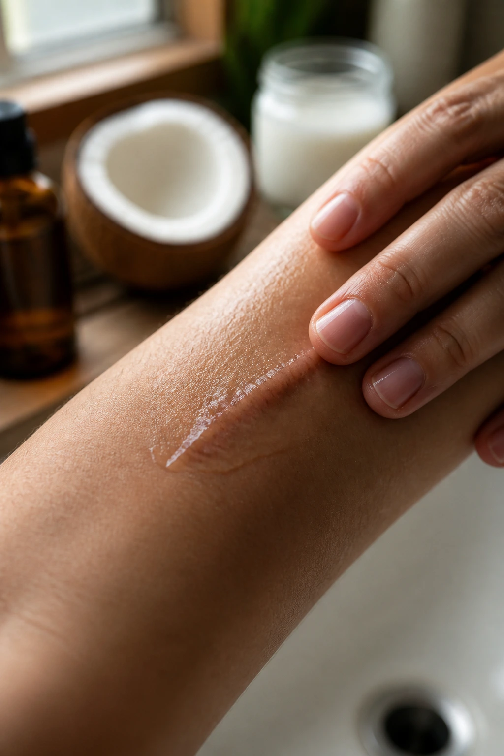Is Coconut Oil Good for Removing Scars on the Body? 1 Close-up of forearm scar being treated with coconut oil