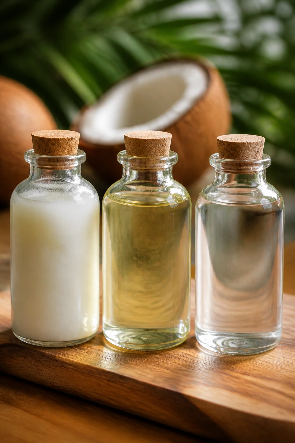 The Golden Pick: How To Choose A Good Coconut Oil Like A Pro 2 Three coconut oil bottles showing different types Virgin, Refined, Fractionated without labels