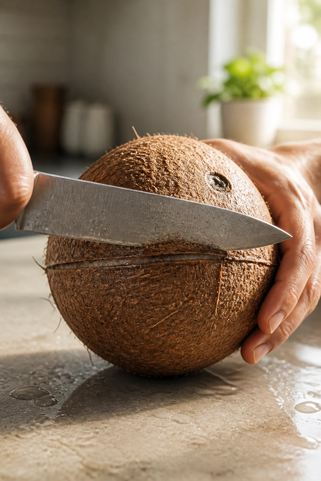Coconut being opened with a knife, knife along midline on shell, water droplets
