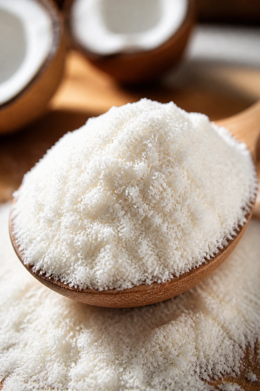 Close-up of coconut powder on a spoon, highlighting coconut taste and health benefits