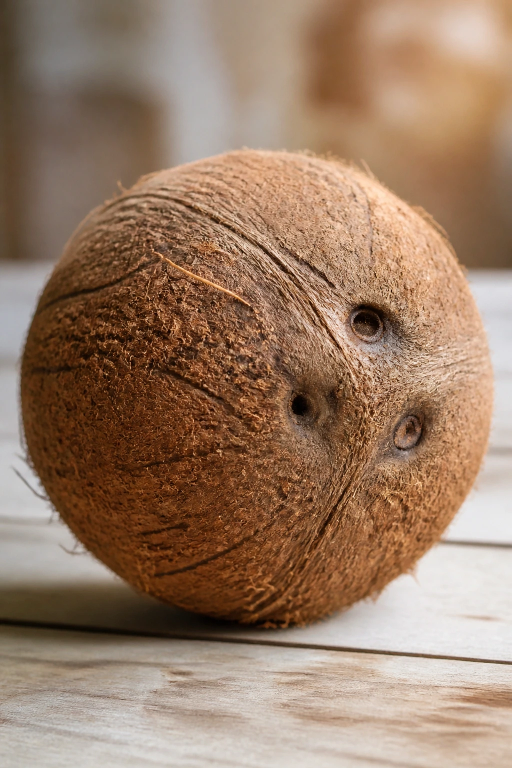 Close-up of whole coconut on wooden surface