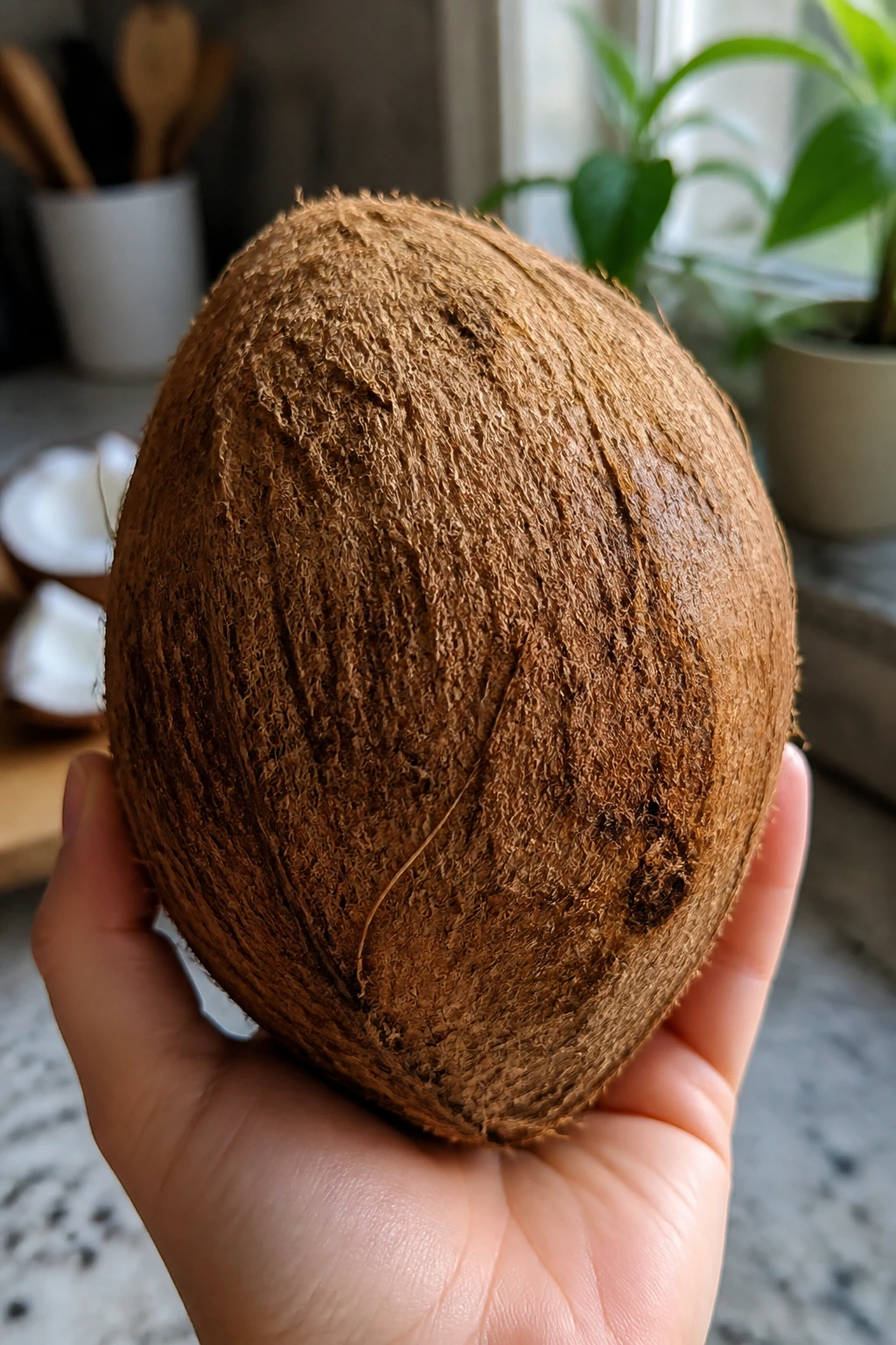 The Golden Pick: How to Choose a Good Coconut Like a Pro 1 Close-up of a mature coconut with rough brown husk in a warm kitchen setting