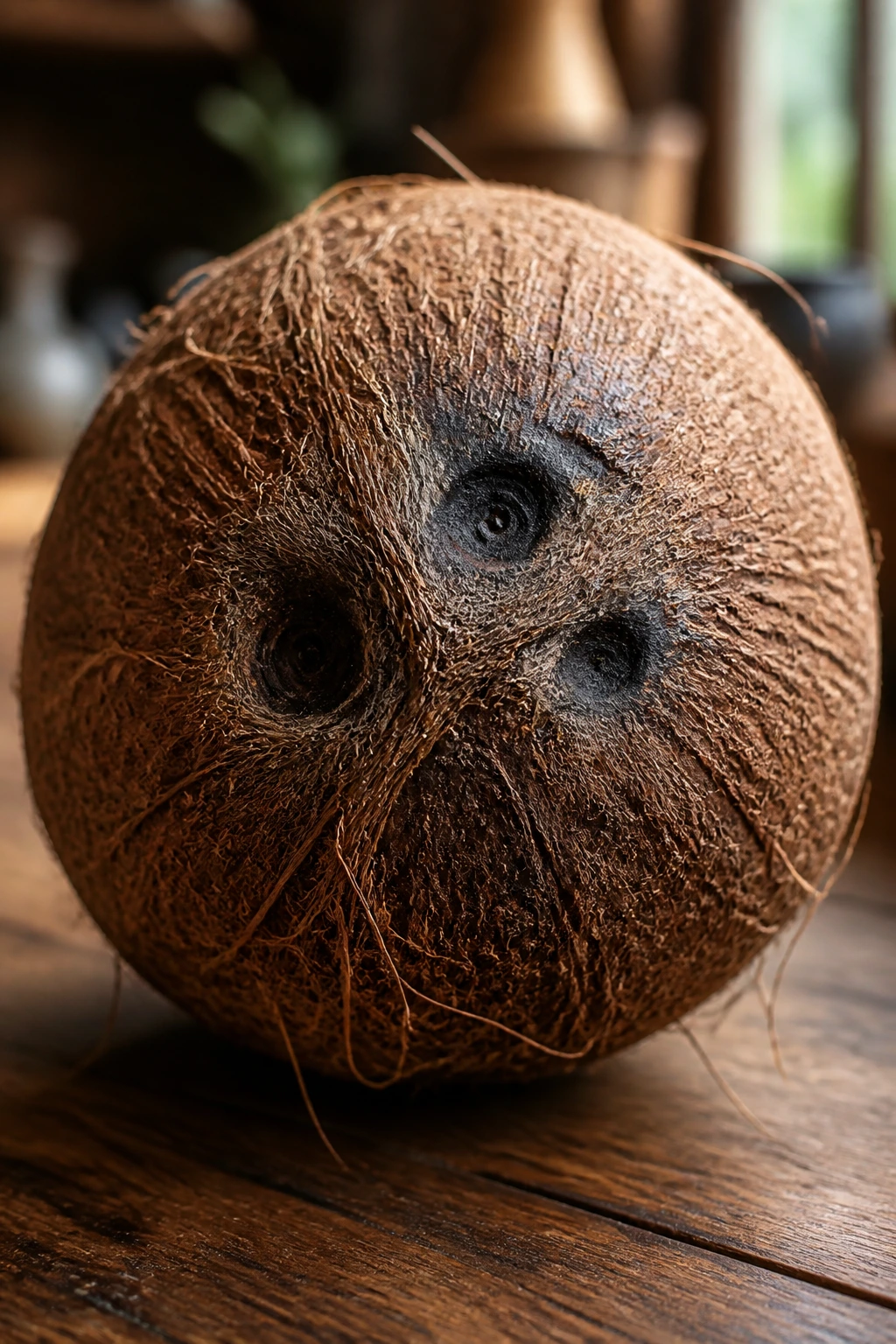 Close-up of a ripe brown coconut on a wooden counter, ready for prep