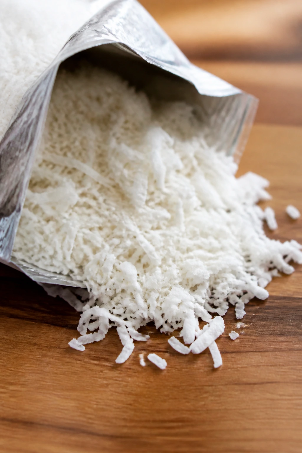 Shredded coconut spilling from opened bag on counter.