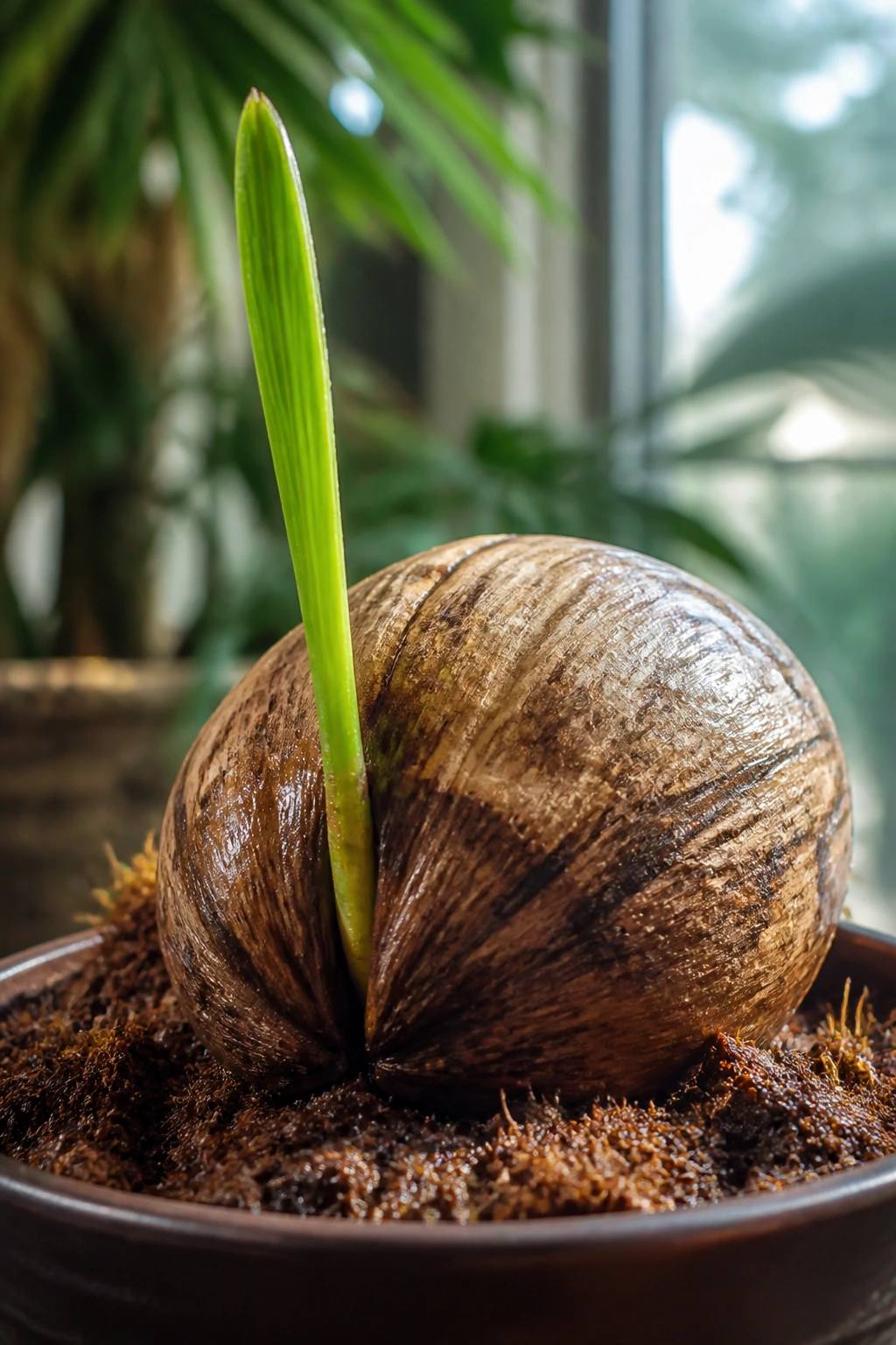 Coconut sprout emerging in moist planting material inside a small pot