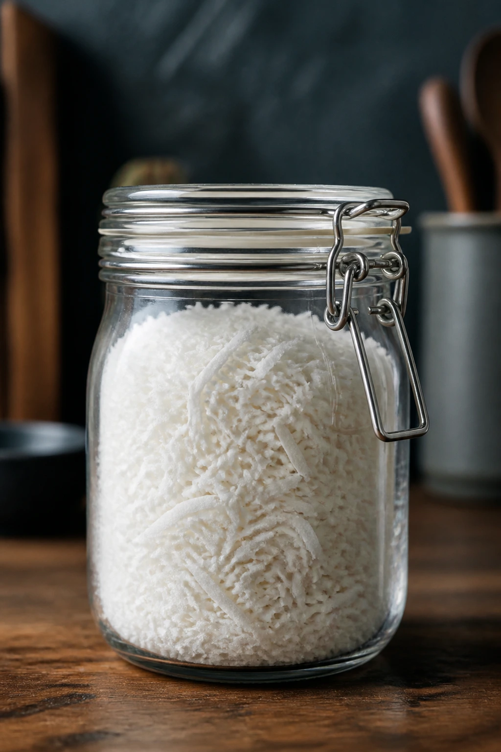 Jar of shredded coconut on wooden counter.