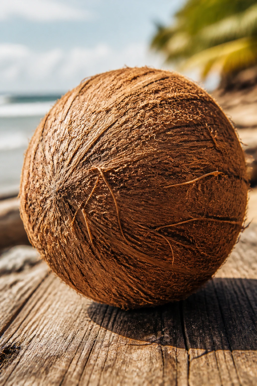 Fruity Horoscopes: What Fruit Represents Your Zodiac Sign? 10 Close-up of a rugged coconut on a wooden surface in bright outdoor light