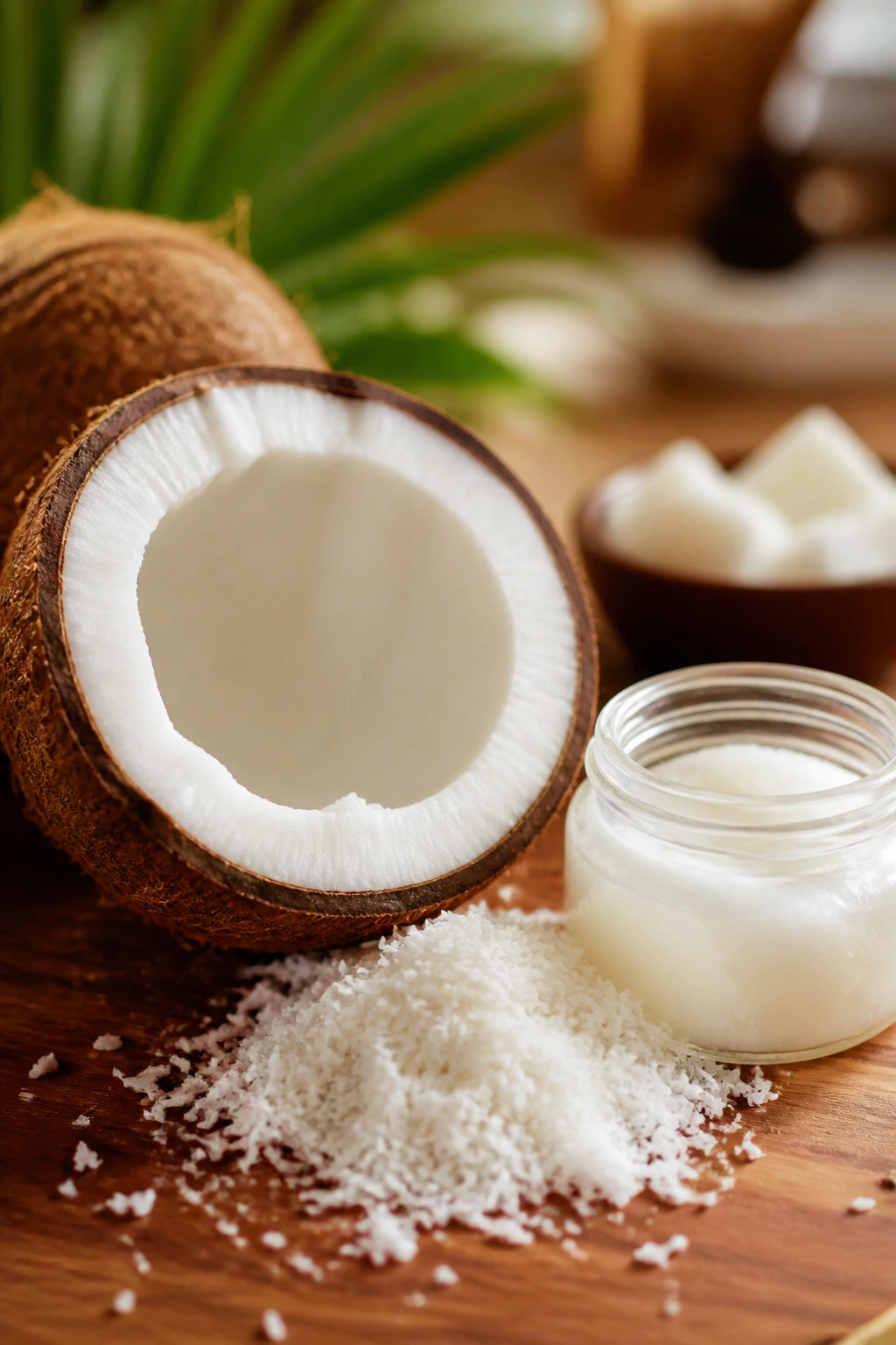 Halved coconut with shredded coconut and coconut oil on wooden surface