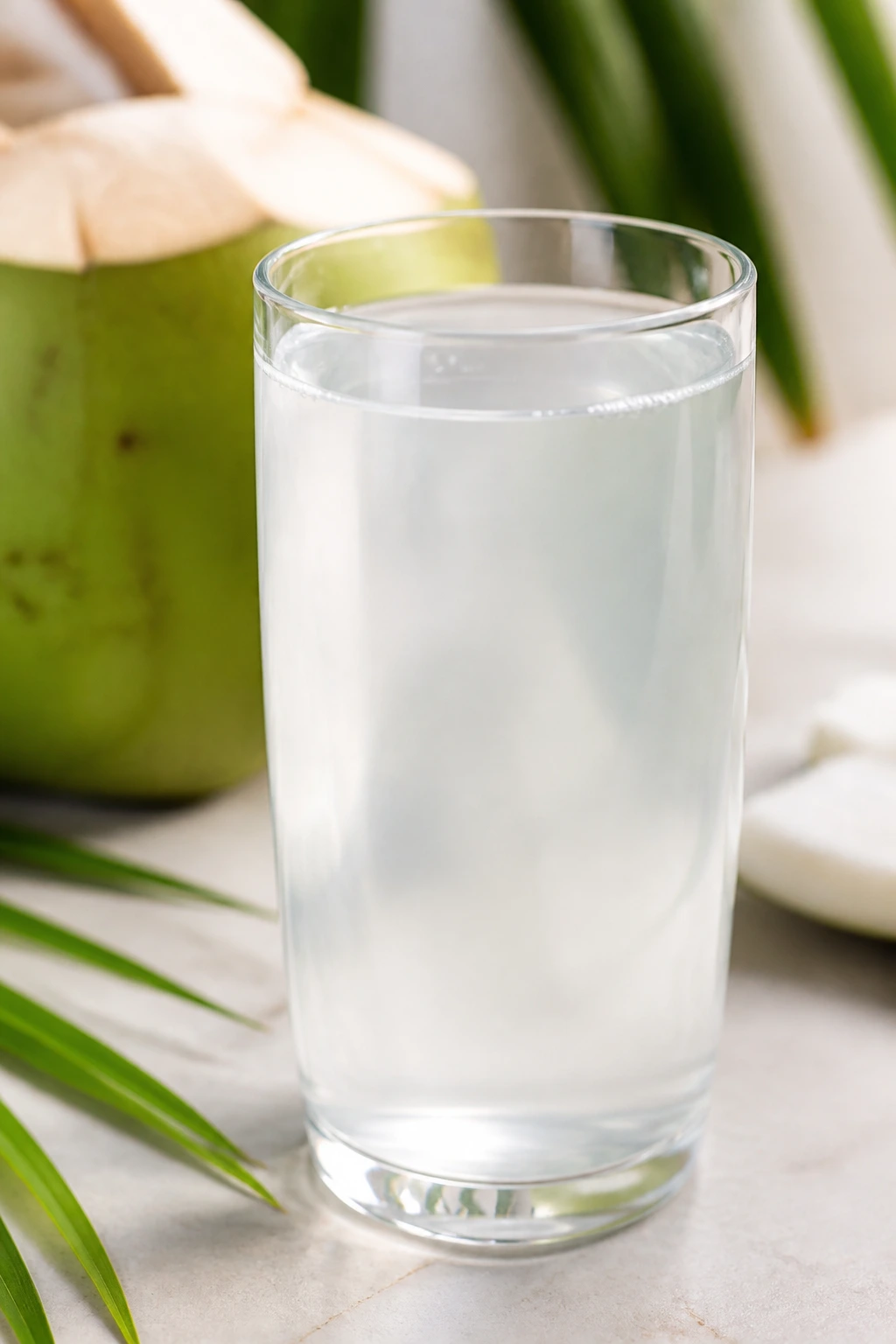 Slimming Sip: Is Coconut Water Good For Weight Loss? 2 Close-up of coconut water in a glass on a kitchen counter with natural light