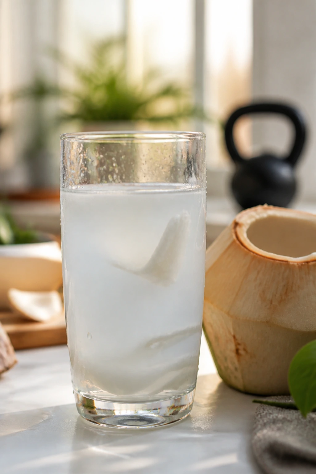 Slimming Sip: Is Coconut Water Good For Weight Loss? 4 Close-up of coconut water in a glass on a kitchen counter