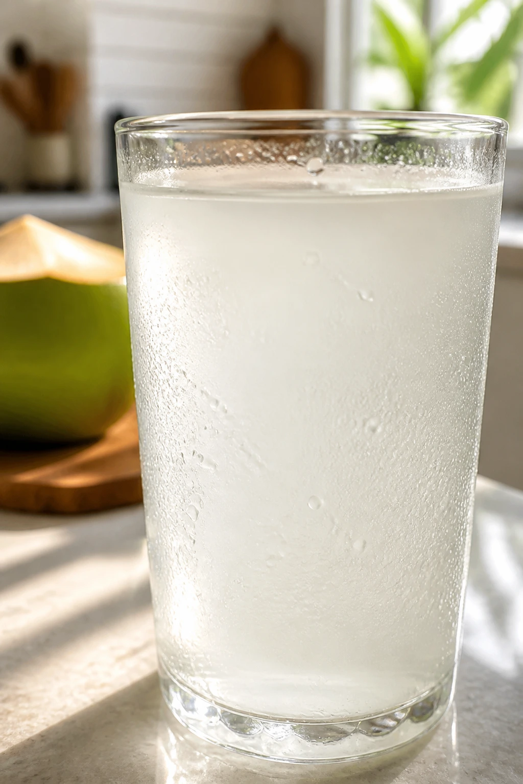 Can Drinking Too Much Coconut Water Be Harmful? 2 Nearly full glass of coconut water in bright kitchen light