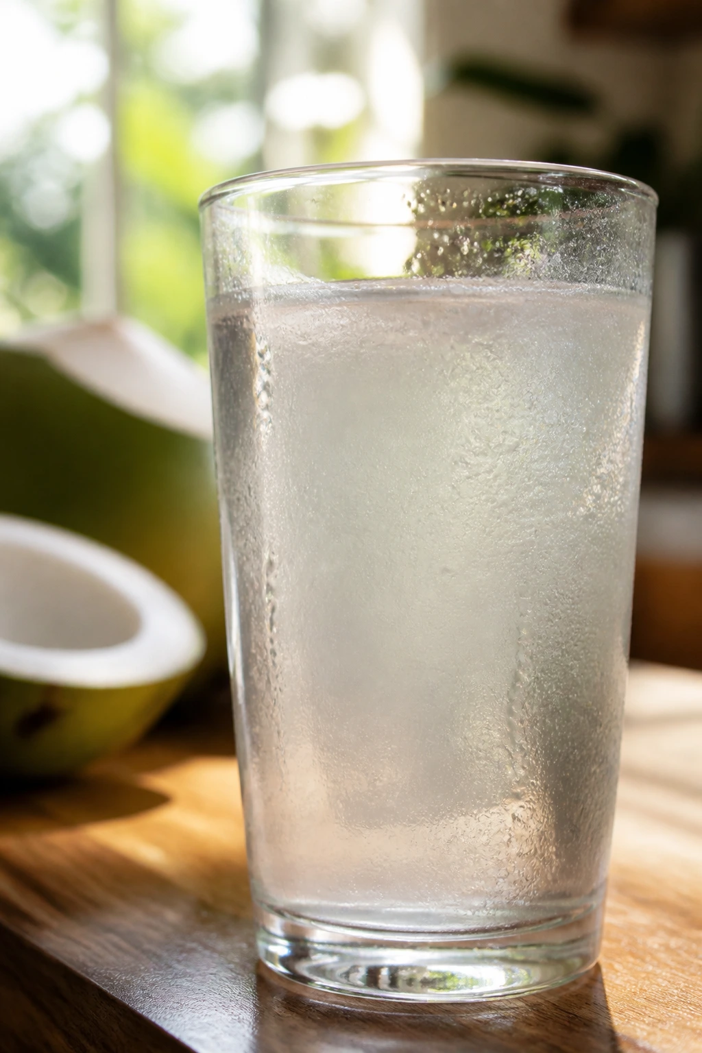 Can Drinking Too Much Coconut Water Be Harmful? 1 Close-up of a glass of coconut water with condensation in a sunlit kitchen