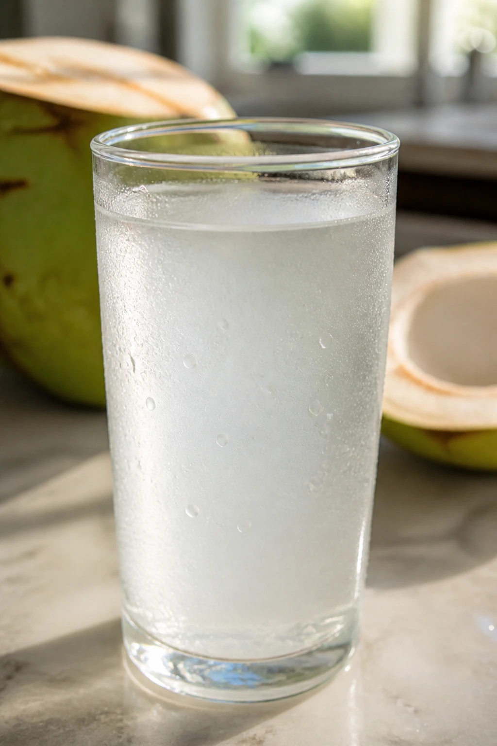 Slimming Sip: Is Coconut Water Good For Weight Loss? 1 Close-up of fresh coconut water in a glass with condensation on a sunlit kitchen counter