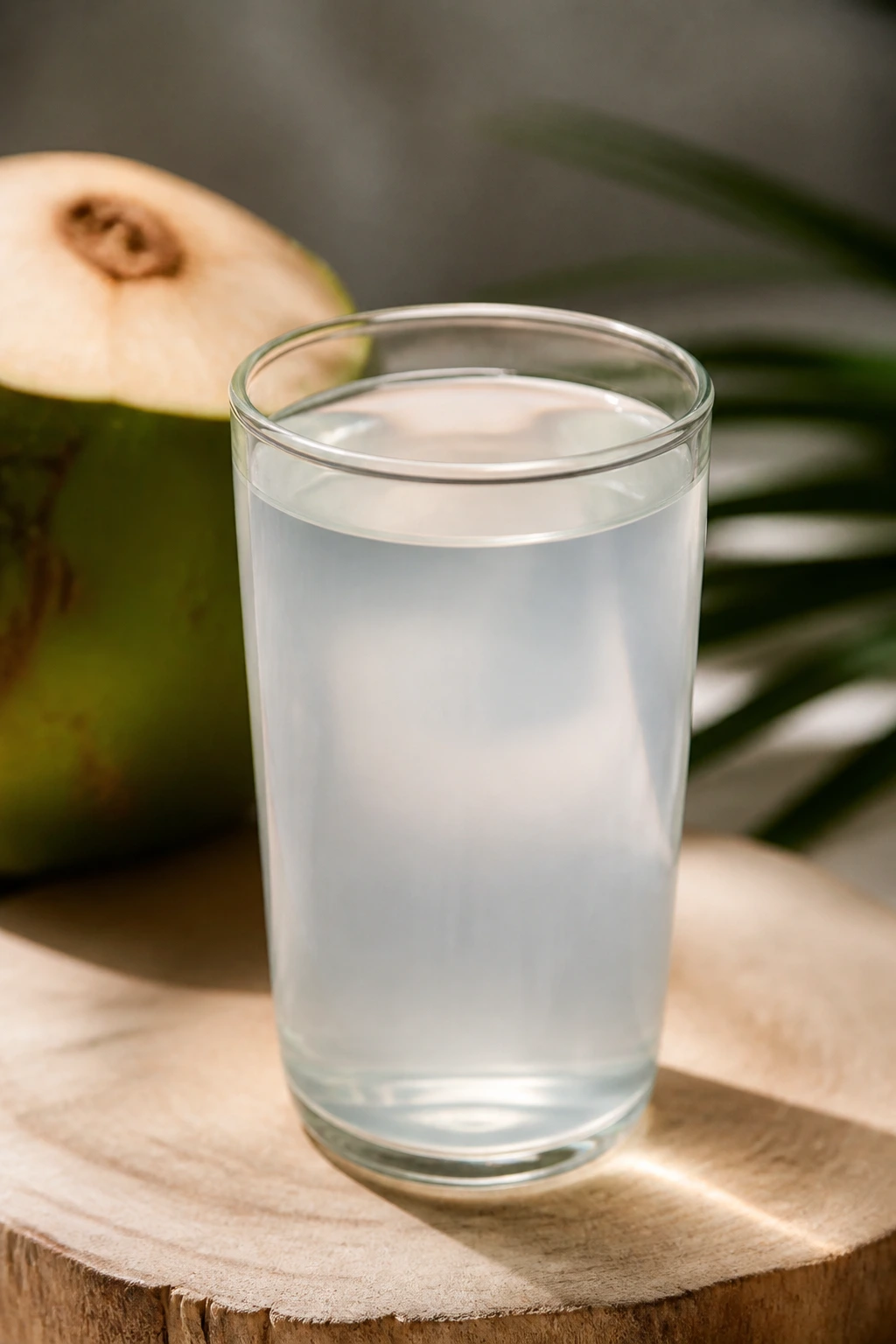 Can Drinking Too Much Coconut Water Be Harmful? 3 Single glass of coconut water on wooden surface in natural light