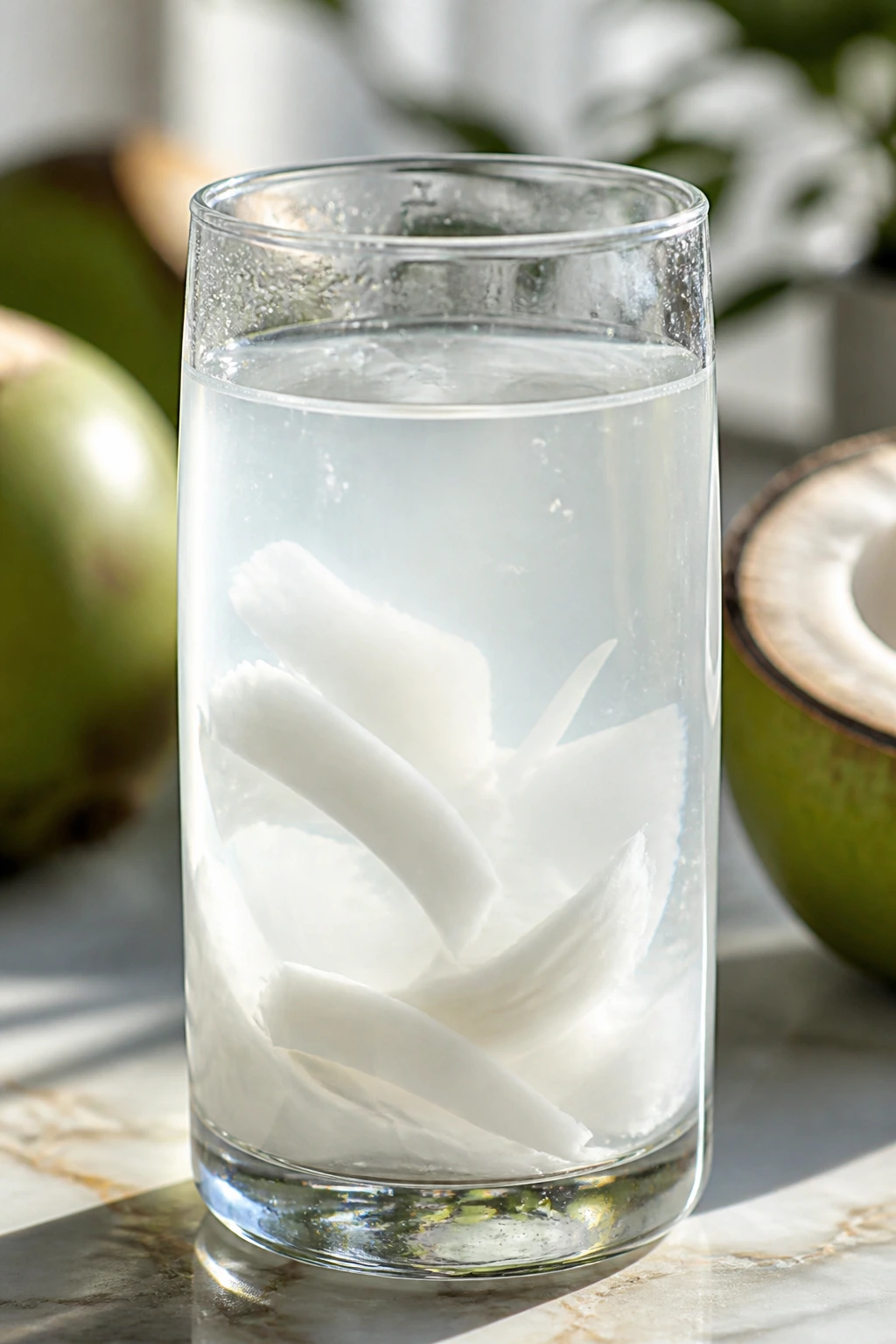 Slimming Sip: Is Coconut Water Good For Weight Loss? 3 Close-up of coconut water in a glass in a bright kitchen