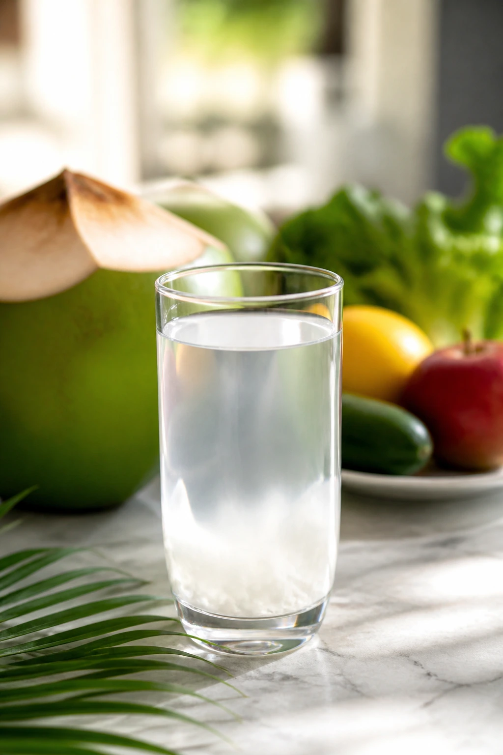 Glass of coconut water on a bright kitchen counter with a healthy background.